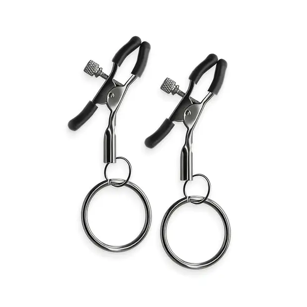 Bound nipple clamps: metal handcuffs with black handles in Bound Nipple Clamps C3 Gunmetal