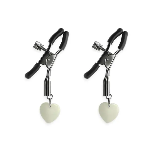 Pair of heart-shaped earrings from Bound Nipple Clamps C3 Gunmetal product line