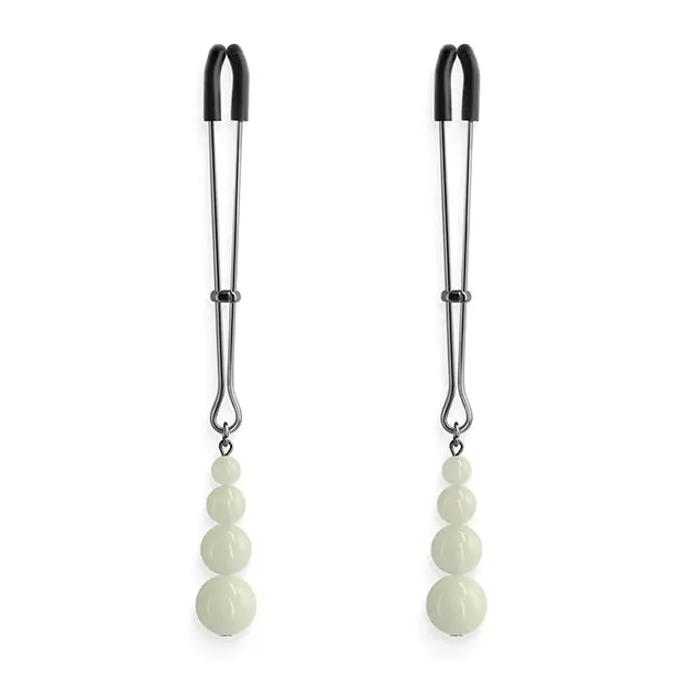 Gunmetal Bound Nipple Clamps with White Beads - Unique earrings with a daring touch