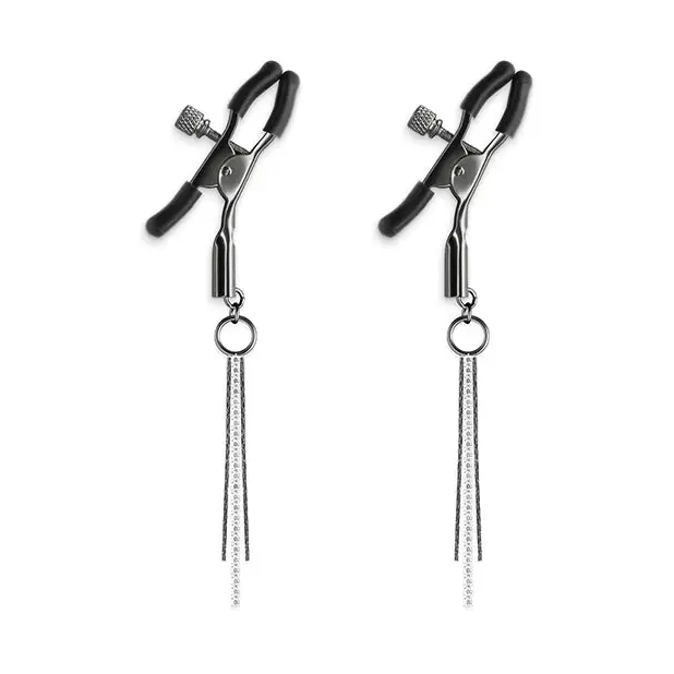 Elegant black and silver bound nipple clamps with chain for sensual play