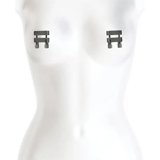 Close-up of mannequin torso showcasing Bound Nipple Clamps C3 Gunmetal with black squares