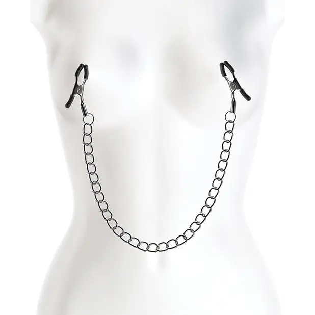 Close-up of Bound Nipple Clamps on a mannequin torso with a chain, in gunmetal