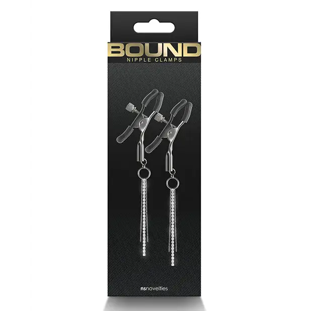 Bound nipple clamps paired with Bondo in-ear earphones and chain in Gunmetal finish