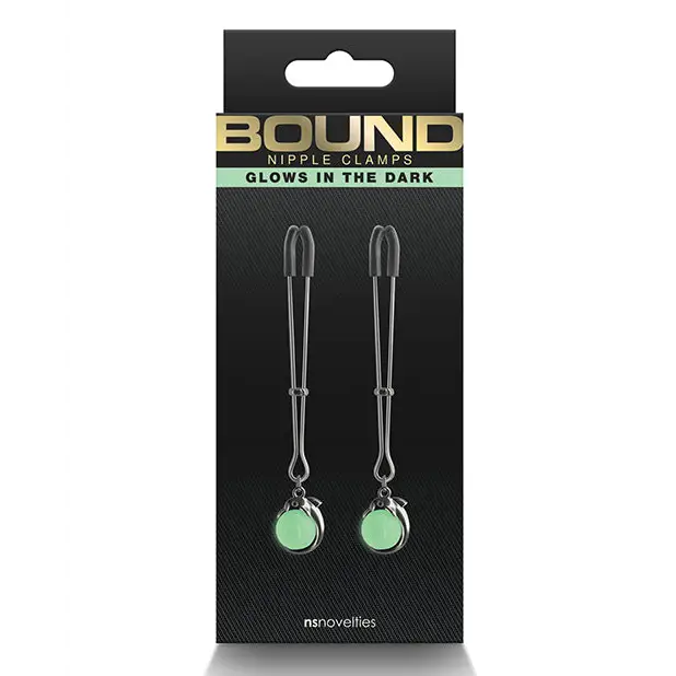 Glow in the dark earrings with Bound Nipple Clamps C3 Gunmetal on a black background