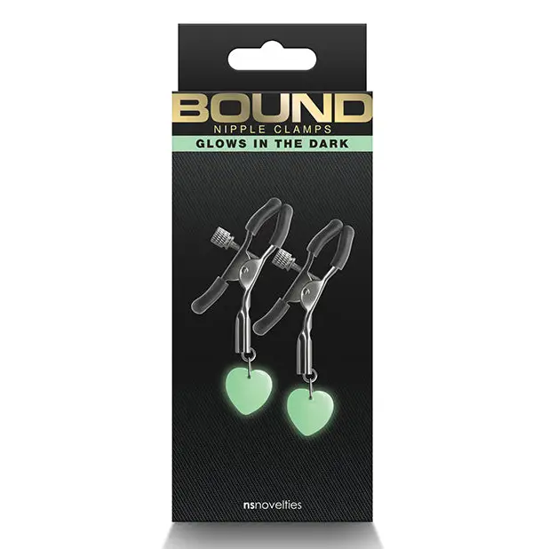 The Bond Supply glow-in-the-dark heart earrings with Bound Nipple Clamps C3 Gunmetal