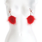 Close-up of Bound Nipple Clamps on mannequin torso with red feathers