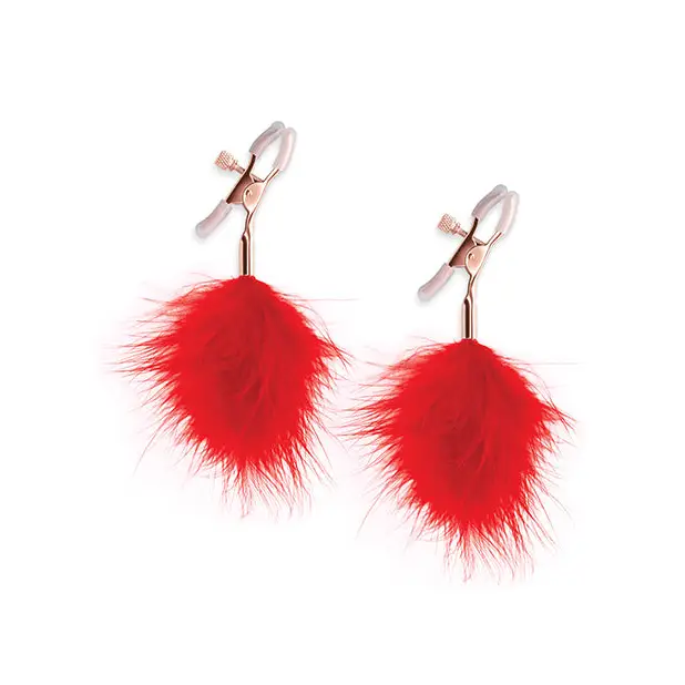 The red feather earrings from Bound Nipple Clamps F1 Black for bold fashion and play