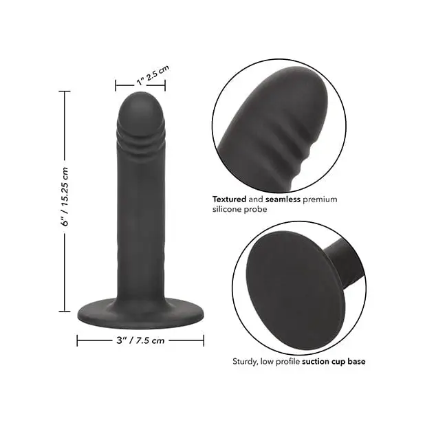 Diagram of Boundless 6’’ Ridged Black Vibrating Dildo with Suction Cup Base and Measurements