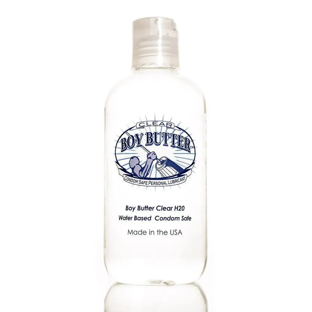 Clear bottle of Boy Butter Clear water-based personal lubricant for smooth experiences