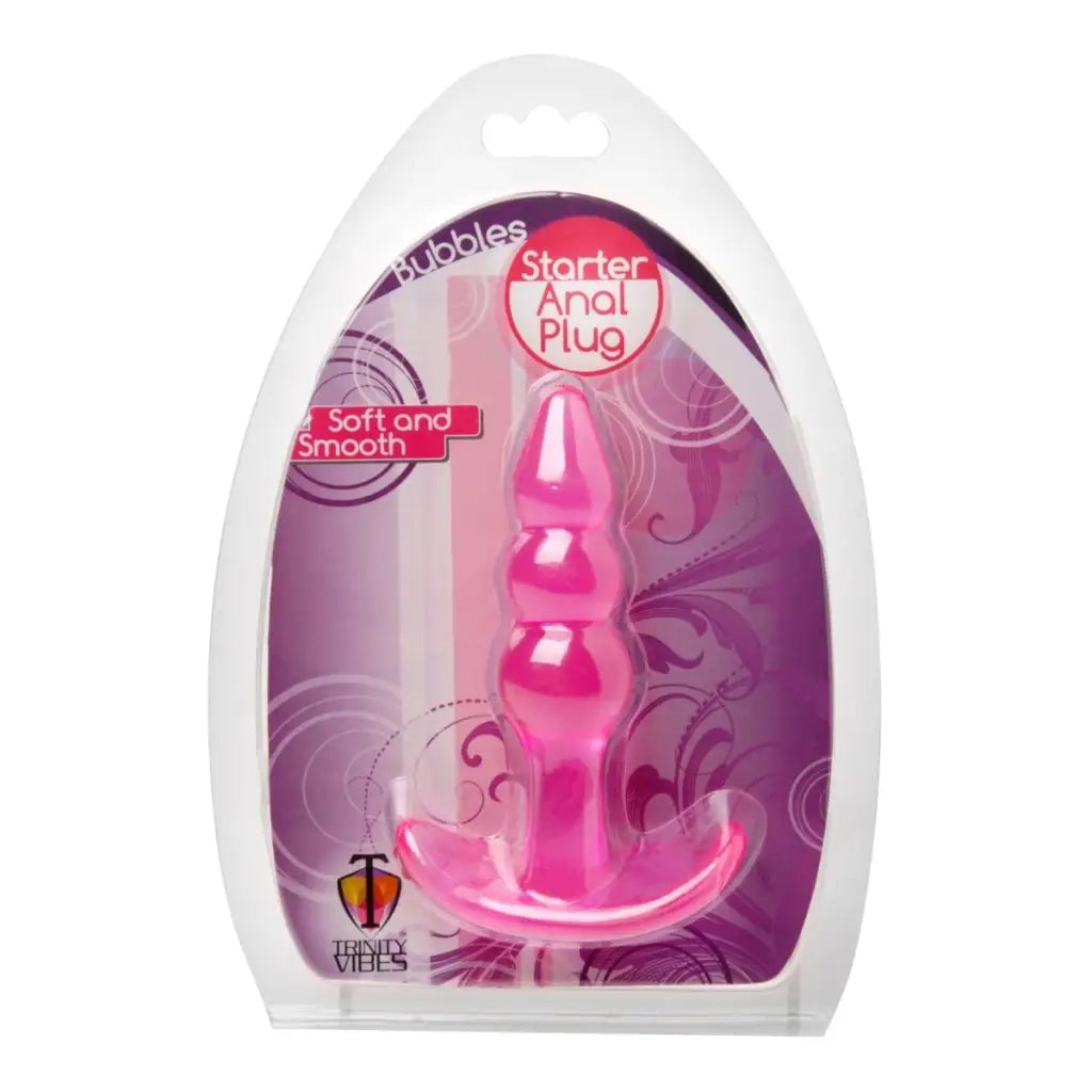 Bubbles Bumpy Starter Anal Plug - Pink silicone anal plug with flared base in retail packaging