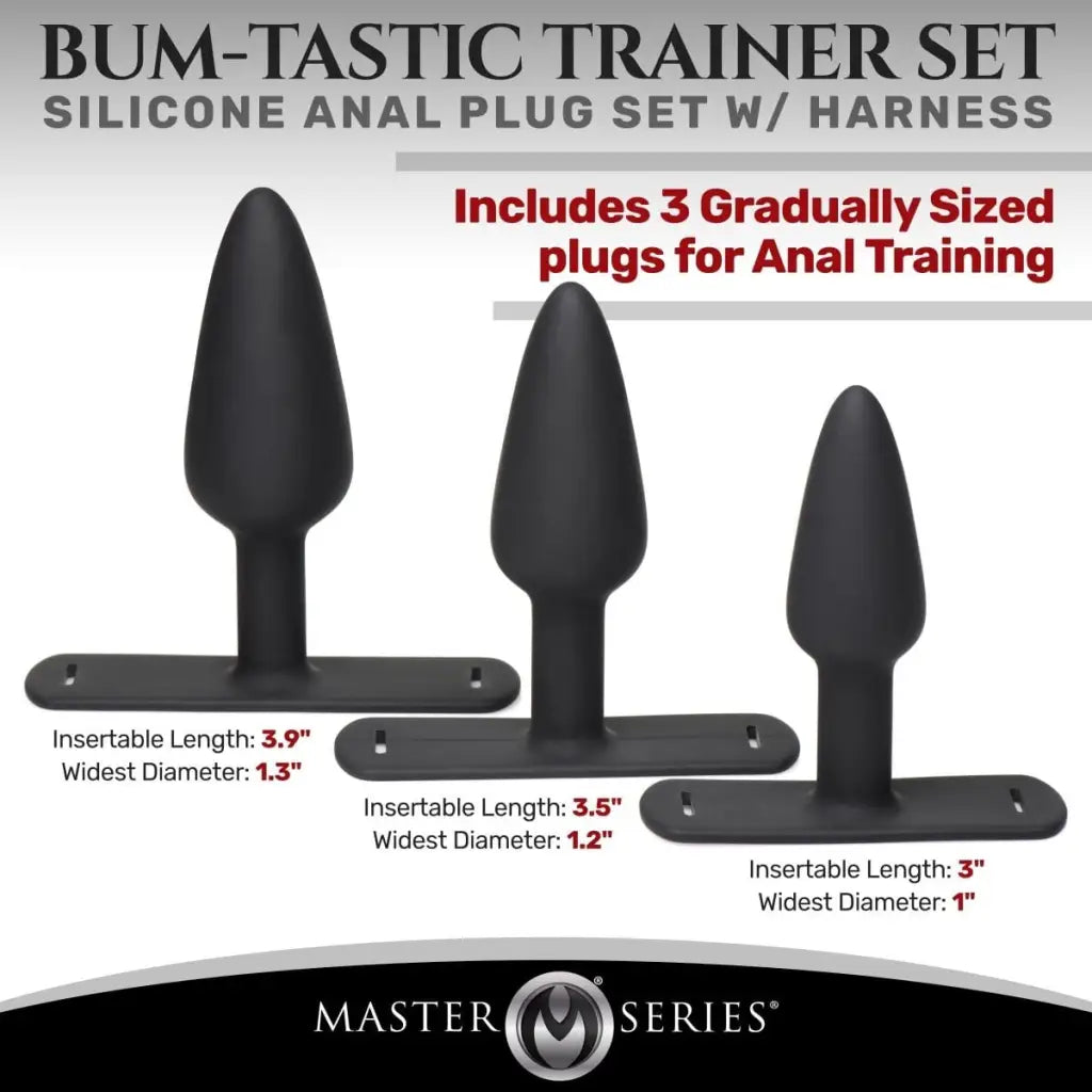 Master Series Plug Bum-tastic Trainer Set Silicone 3 Piece Anal Plug Set With Harness at the Haus of Shag