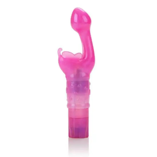 Pink Butterfly Kiss Vibrator with a curved shape and textured shaft in packaging