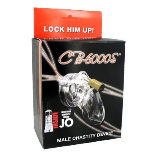 Close-up of Cb-6000s Male Chastity Device box with cable