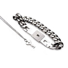 Chained locking bracelet and key necklace set with heavy metal chain and lock features