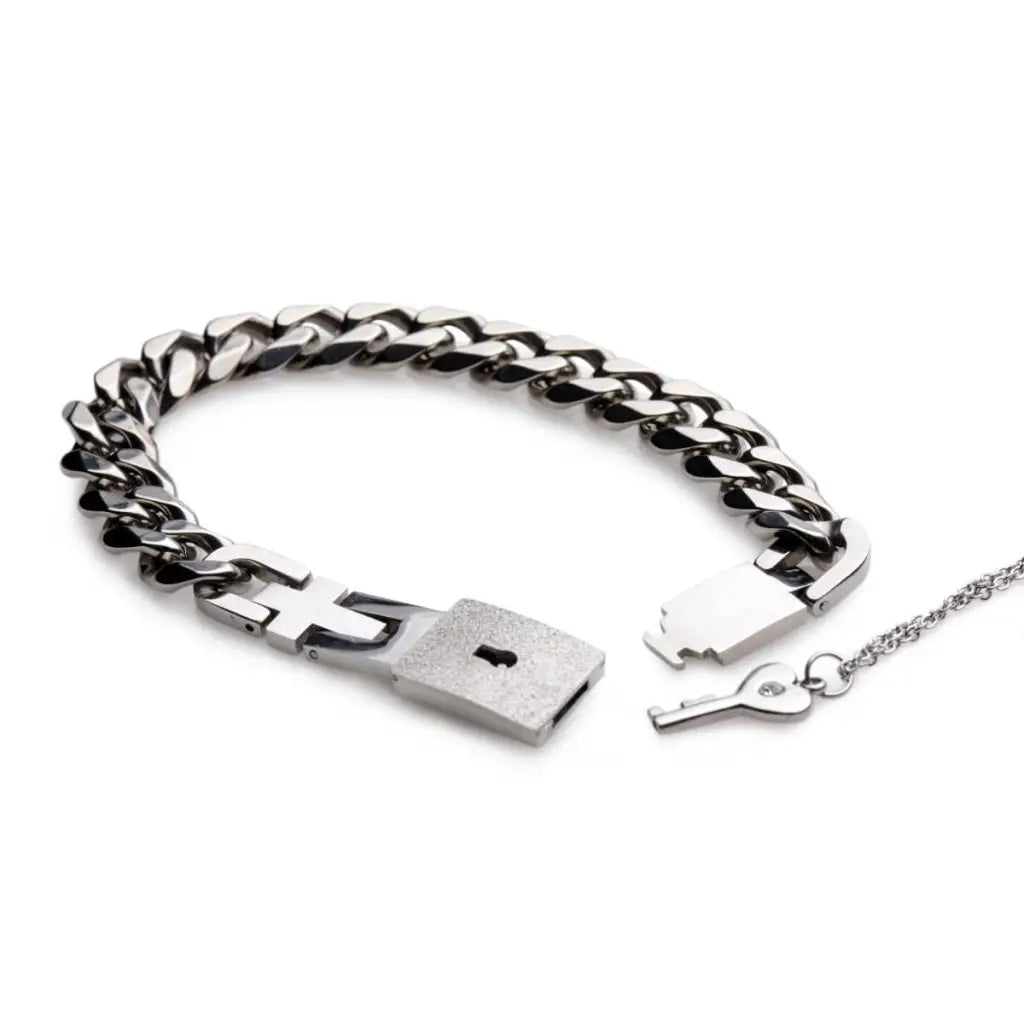 Chained locking bracelet with padlock clasp and key pendant - Chained Locking Bracelet