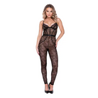 Chantilly Stretch Lace Sleeveless Catsuit W/satin Trim Black - Extra Large - Bodysuit