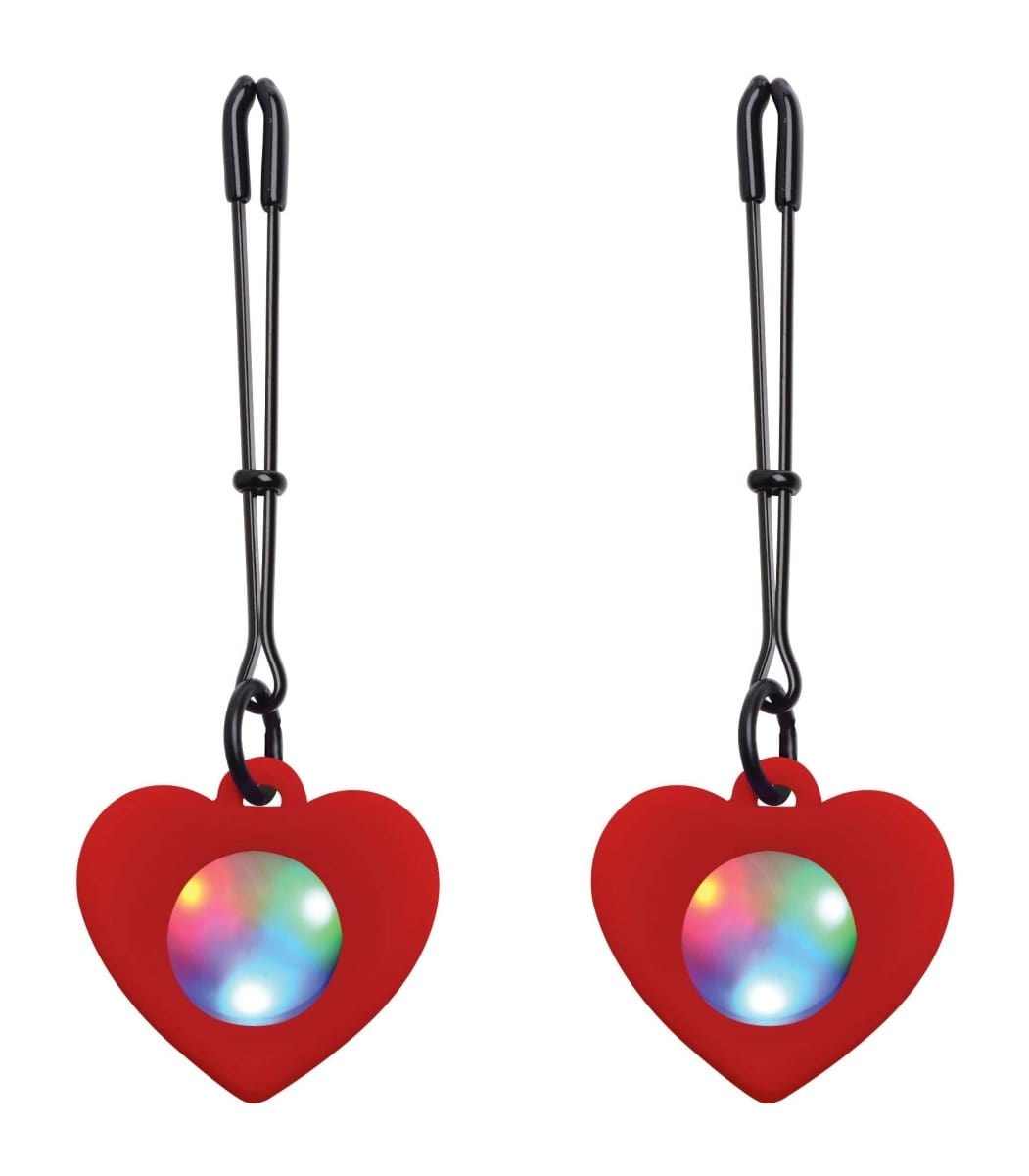 Charmed Nipple Clamp Red Charmed Silicone Light Up Heart Tweezer Nipple Clamps at the Haus of Shag