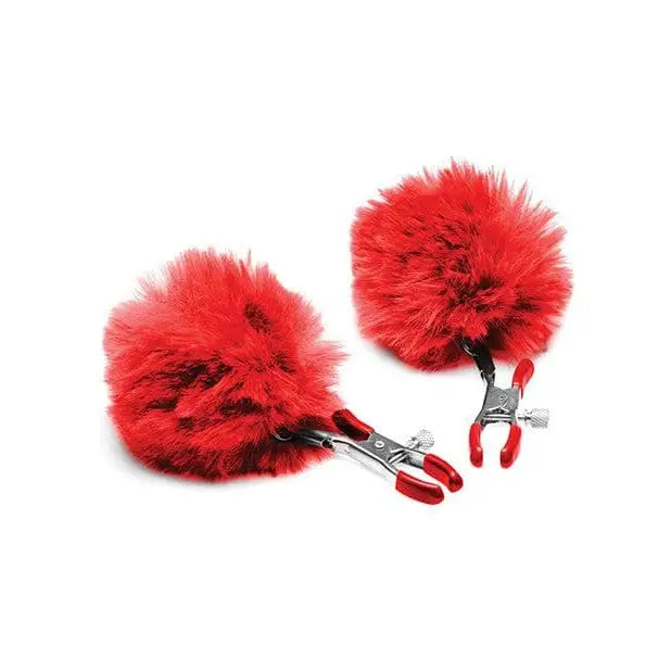 Pair of fluffy red pom poms with metal clips from Charmed Pom Pom Nipple Clamps collection