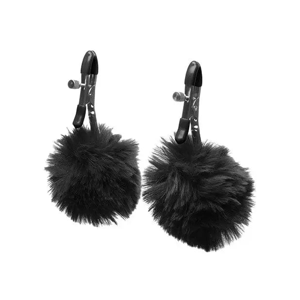 Charmed Pom Pom black furry nipple clamps with adjustable metal clips for intimate play