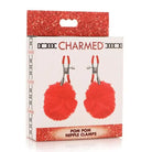 Charmed Pom Pom Nipple Clamps packaged for retail, featuring colorful pom pom nipple adornments