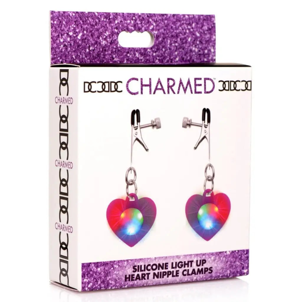 Charmed Silicone Light Up Heart Nipple Clamps in Packaging - Heart Nipple Clamps