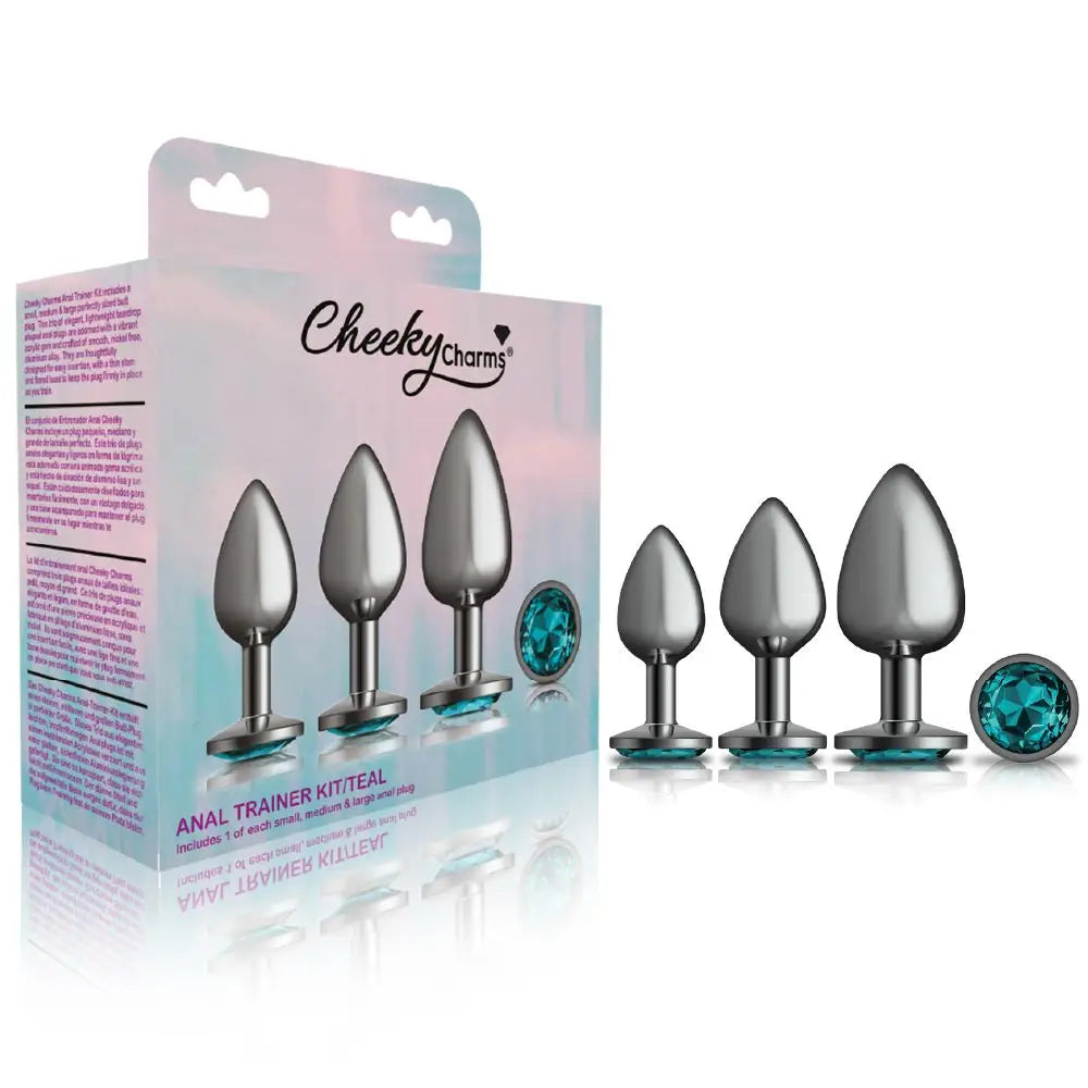 Cheeky Charms Metal Plug Kit Gunmetal Round - Teal - Butt Plug