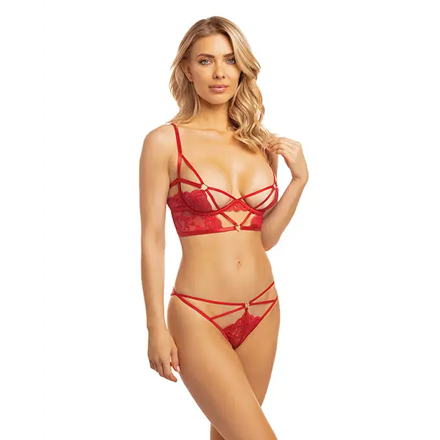 Cherry Strappy Lace Unlined Underwire Bra W/heart Ring Detail & Panty Red - Lingerie Set