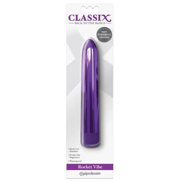 Classix 7’ Metallic Vibe: Purple cylindrical vibrator in retail packaging