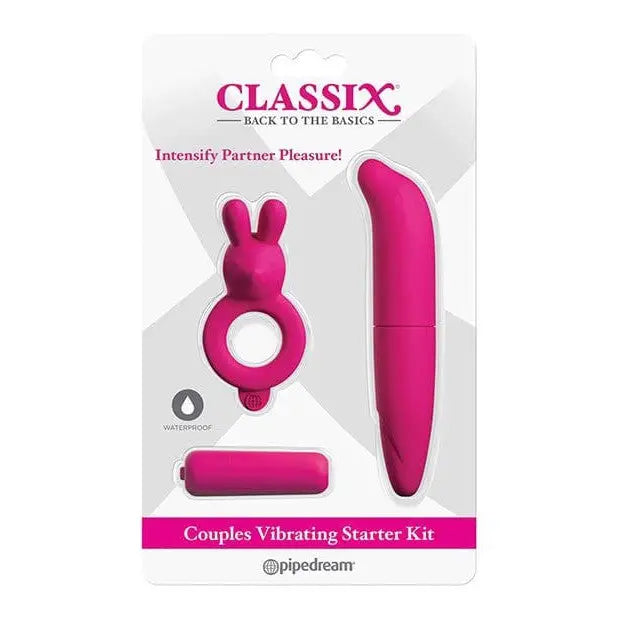 Bright pink Classix Couples Vibrating Starter Kit with three versatile attachments