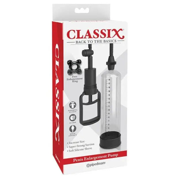 Classic glass water bottle with black cap next to Classix Penis Enlargement Pump product