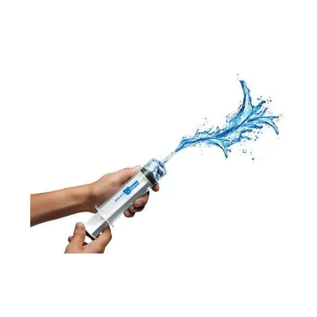 Hand holding CleanStream 150ml enema syringe with water splash, the perfect tool for cleansing