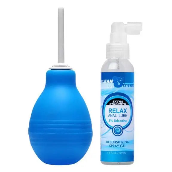 Close-up of Cleanstream Anal Lube bottle and blue spray from the Cleanstream Enema Kit