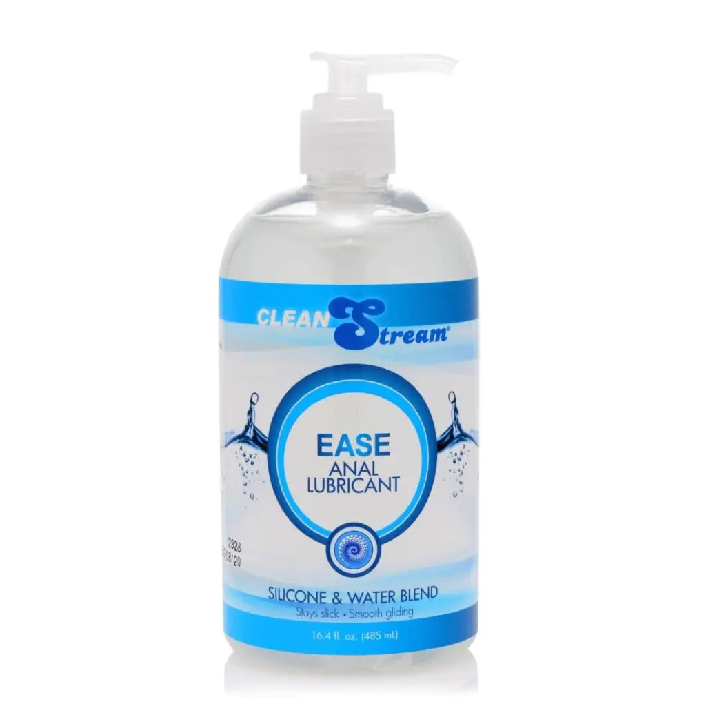 Close-up of CleanStream Ease Hybrid Anal Lubricant 16.4 Oz bottle on white surface