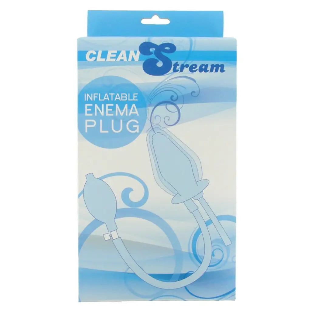 Close-up of a CleanStream Inflatable Enema Plug package with blue and white items