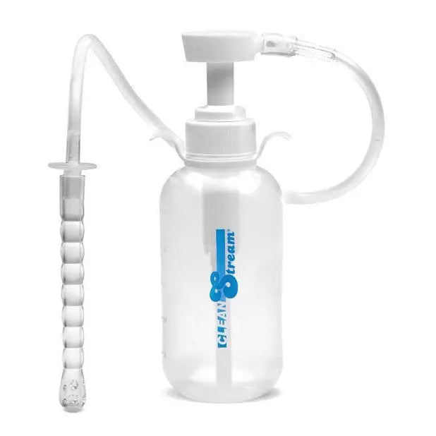 Close up of CleanStream Pump Action Enema Bottle with Nozzle and attached hose