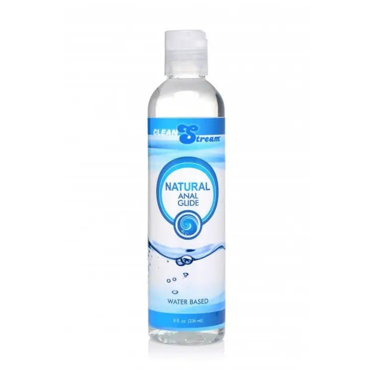 CleanStream Water-Based Anal Lube - 8 Oz bottle beside a refreshing water bottle