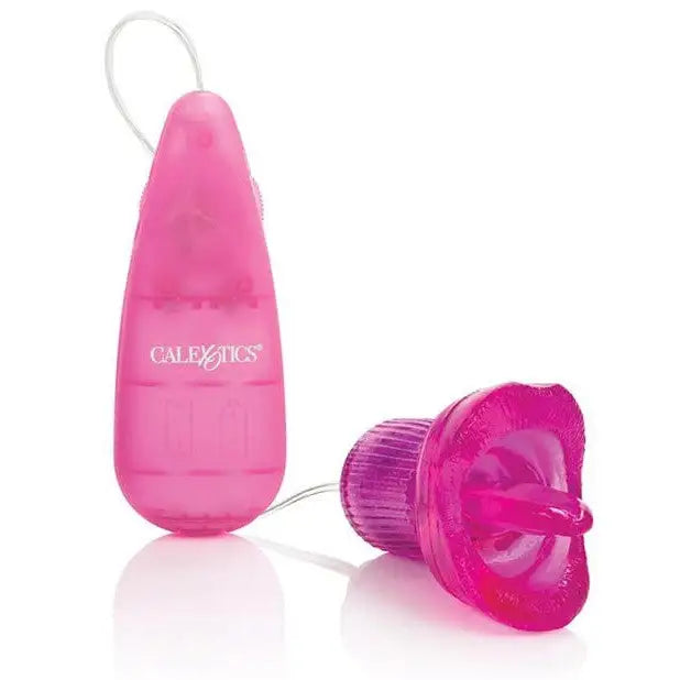 Clit Kisser Purple: sleek pink bottle with lid on white background, for intimate pleasure