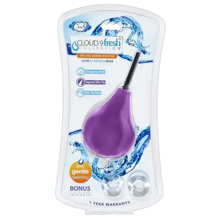 Cloud 9 Fresh + Deluxe Anal Soft Tip Enema Douche 7.6 Oz W/ Ez Squeeze Bulb & 2 C-rings - Purple - Enema