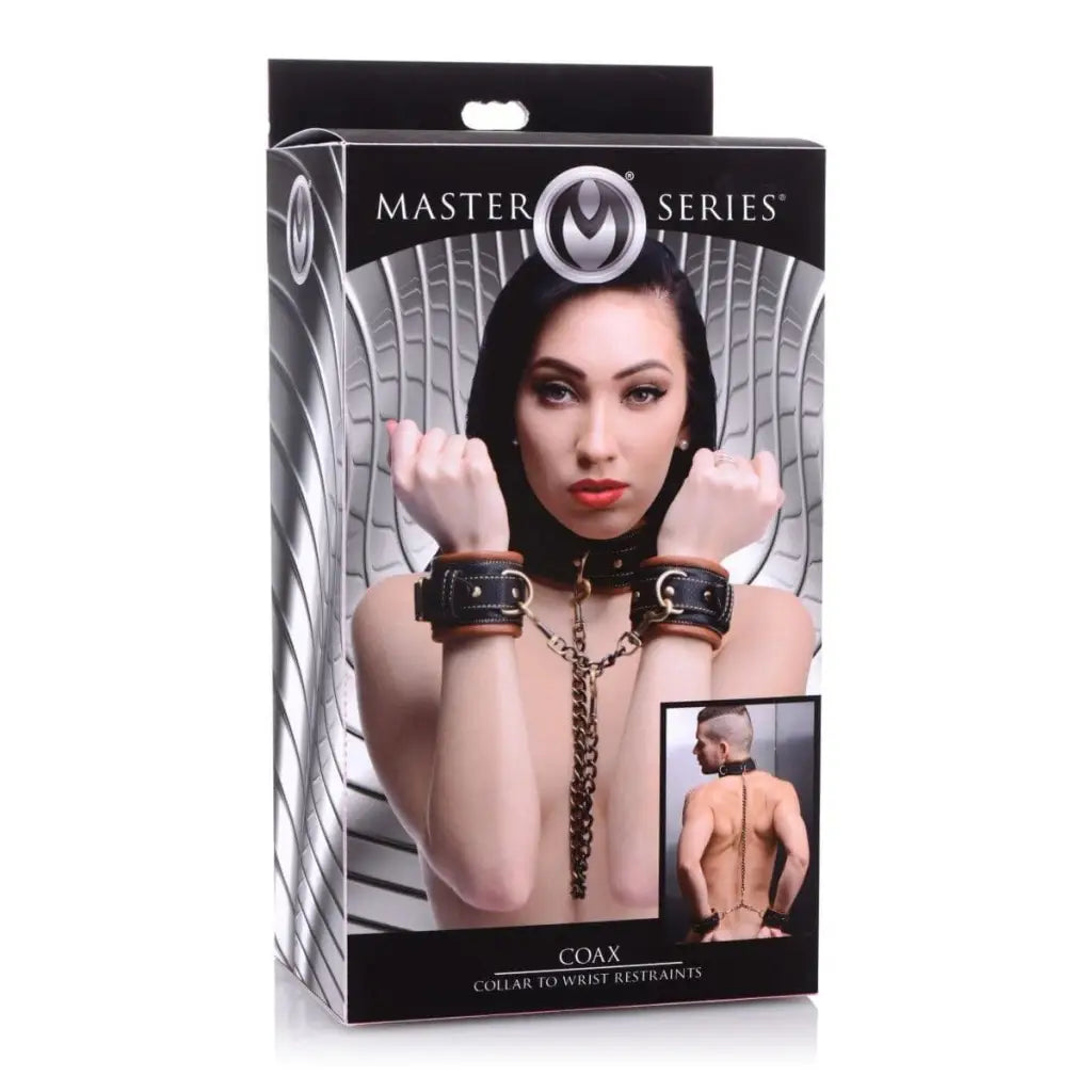 Master Series Leatherr Coax Collar To Wrist Restraints at the Haus of Shag