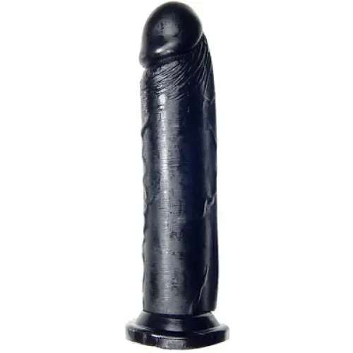 Black dil with suction cup base against a white background, Cock 8in phthalate-free product