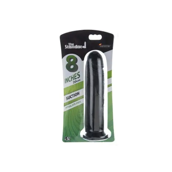 Black 8-inch silicone cock with suction cup base, phthalate-free for safe pleasure