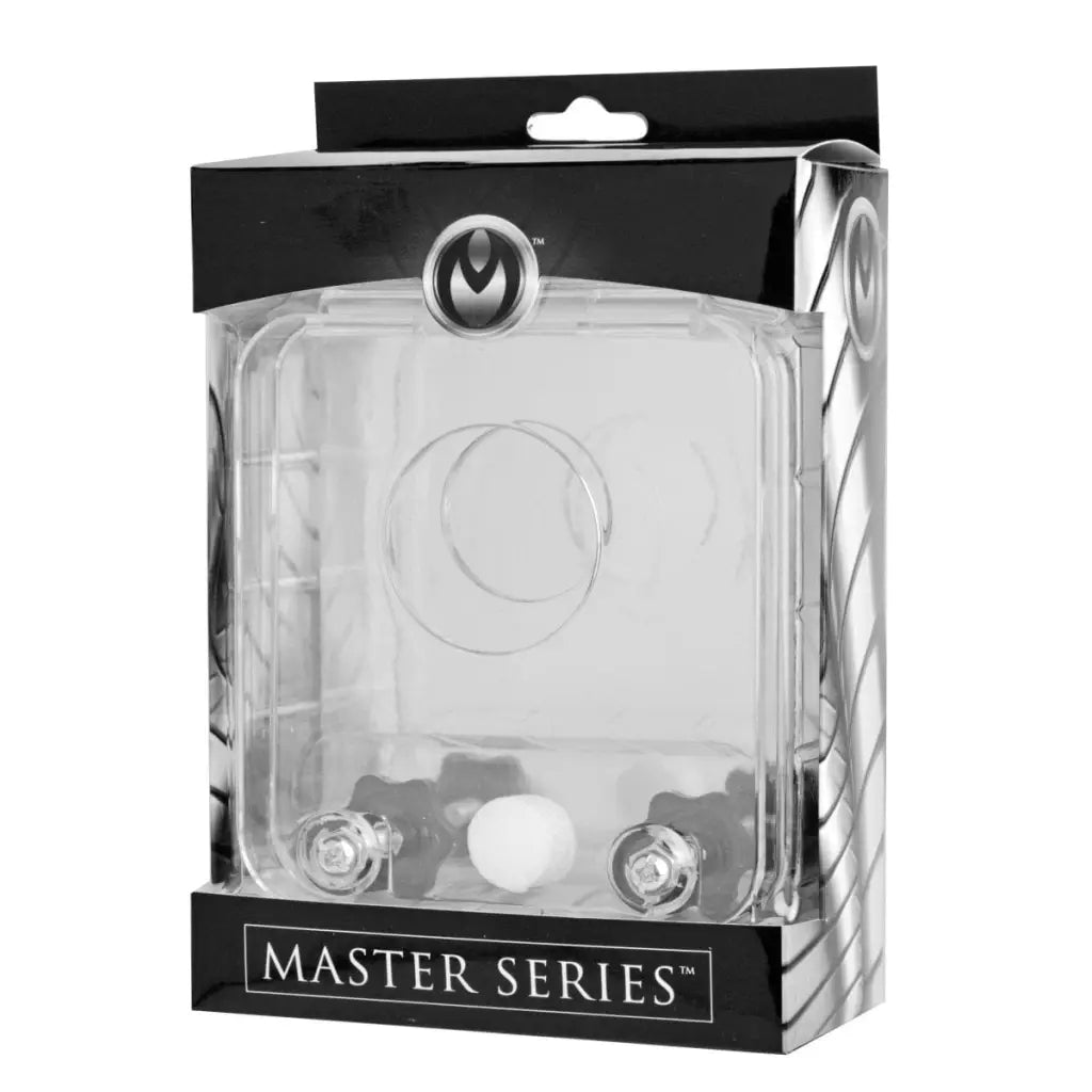 Master Series Cock and Ball Crusher—clear plastic device with circular logo on top