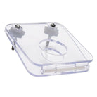 Clear plastic ball crusher holder with circular indentation & 2 mounting screws. Hole measures