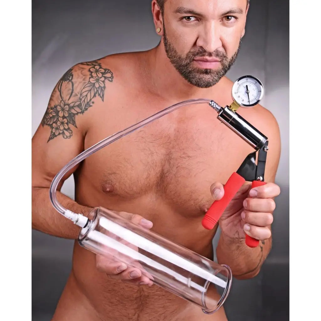 Cock And Ball Deluxe Penis Pumping Kit with pressure gauge and cylindrical chamber