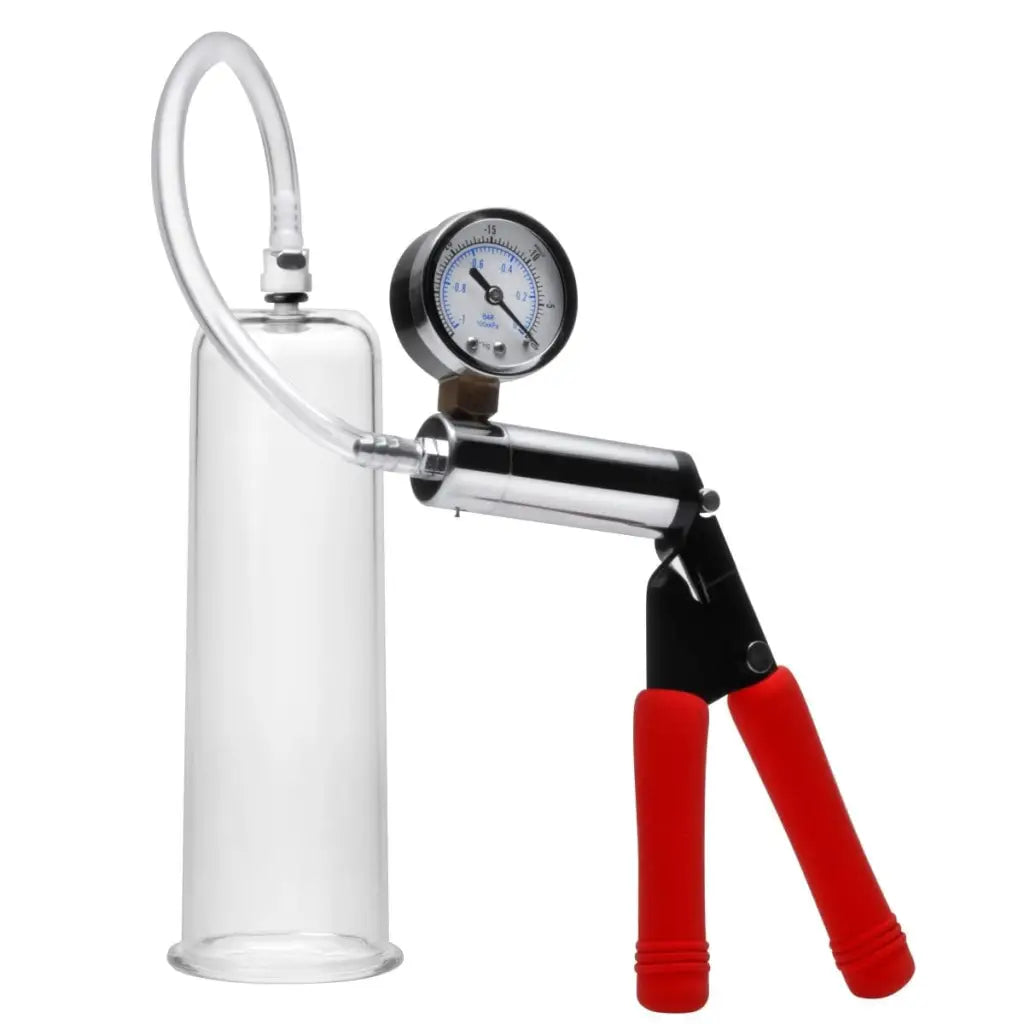 Cock And Ball Deluxe Penis Pumping Kit with pressure gauge and red-handled pump mechanism