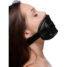 Black leather face mask or muzzle with a Cock Head Silicone Mouth Gag for restraint play