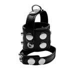 Black leather cock strap and ball stretcher with white polka dots