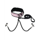 Collar W/ Nipple Clamps- Faux Leather Pink - Pink - Leash and Collar Set