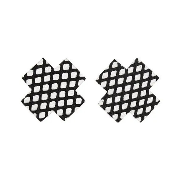 Coquette Fishnet Cross Pasties - X-shaped patches with black and white grid pattern