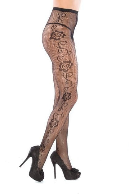 Coquette Pantyhose One Size Fits Most / Black Coqutte Pantyhose with Side Rose Detail at the Haus of Shag